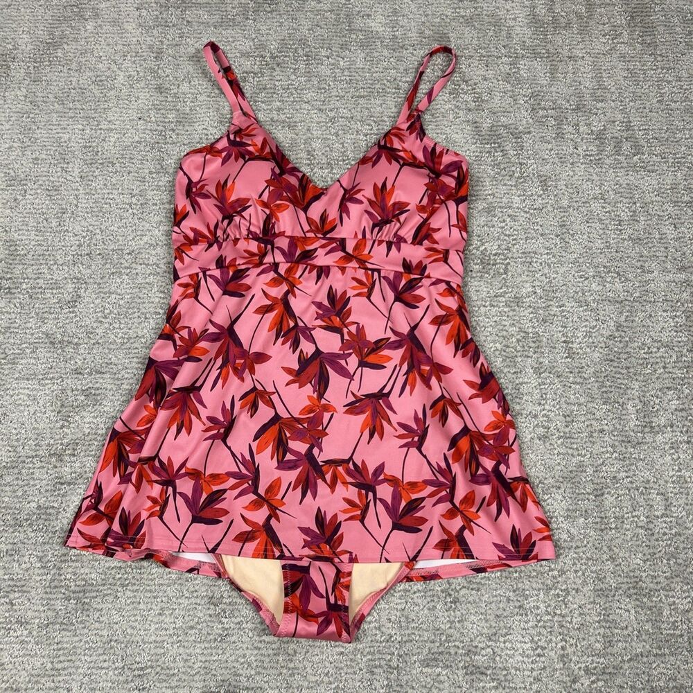 Garnet Hill 1 Piece Swimsuit Womens 10 Swimdress Pink Floral Skirt Resort Modest